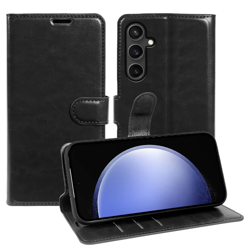 For Samsung Galaxy S23 FE Wallet Case Crazy Horse Texture Leather Flip Phone Cover with Magnetic Closure - Black