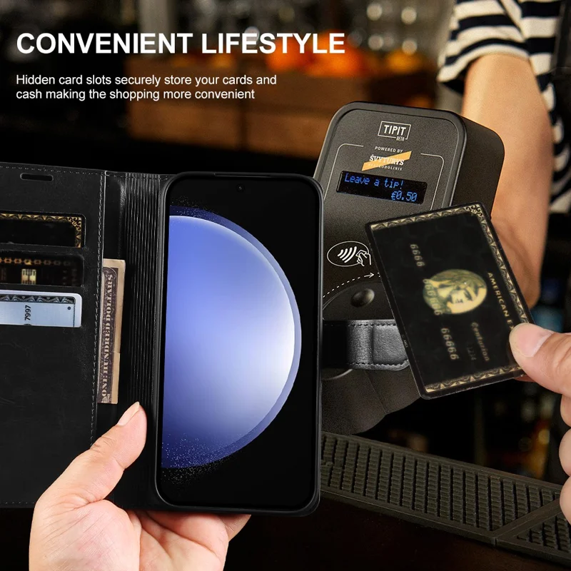 For Samsung Galaxy S23 FE Wallet Case Crazy Horse Texture Leather Flip Phone Cover with Magnetic Closure - Black