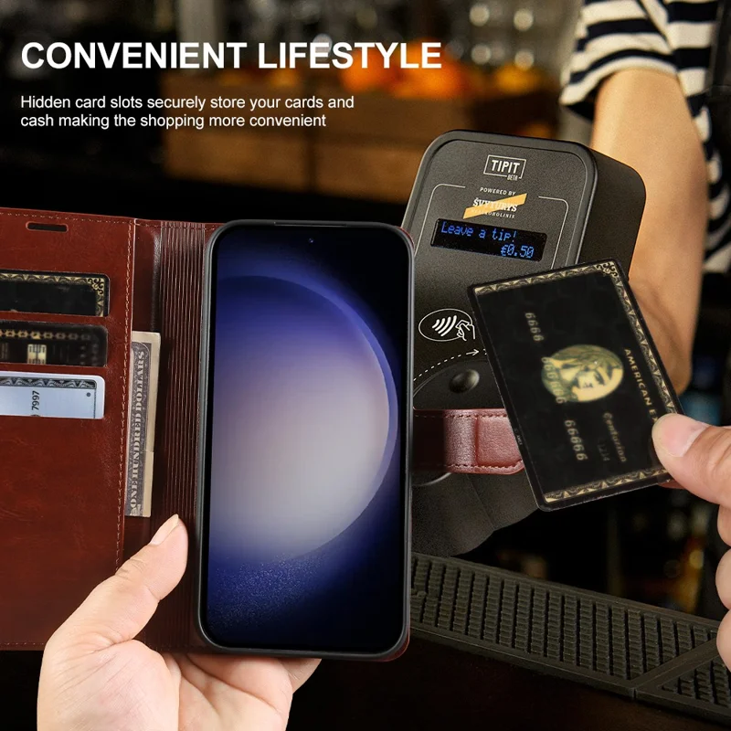 For Samsung Galaxy S23 Wallet Case Crazy Horse Texture Leather Flip Phone Cover with Magnetic Closure - Brown