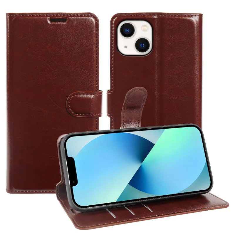 Étui portefeuille pour iPhone 13, housse à rabat en cuir texturé cheval fou avec fermeture magnétique - Marron
