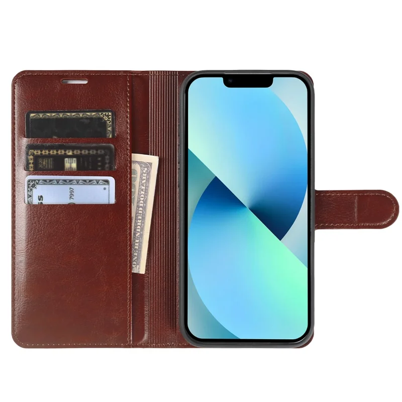 Étui portefeuille pour iPhone 13, housse à rabat en cuir texturé cheval fou avec fermeture magnétique - Marron
