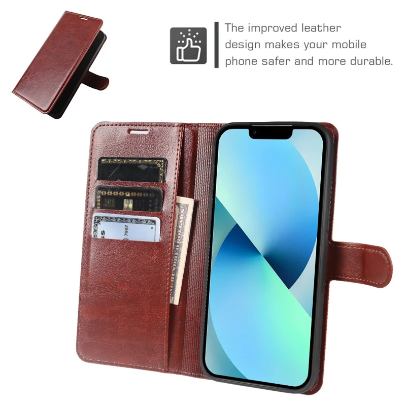 Étui portefeuille pour iPhone 13, housse à rabat en cuir texturé cheval fou avec fermeture magnétique - Marron