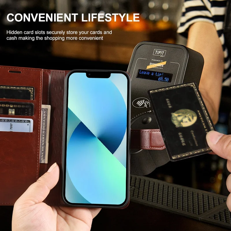 Étui portefeuille pour iPhone 13, housse à rabat en cuir texturé cheval fou avec fermeture magnétique - Marron