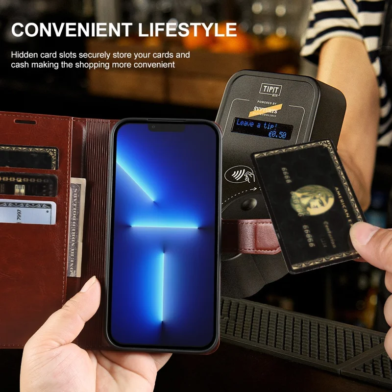 Flip-Handytasche für iPhone 13 Pro mit Geldbörse, Crazy-Horse-Leder-Optik, magnetischer Verschluss – Braun