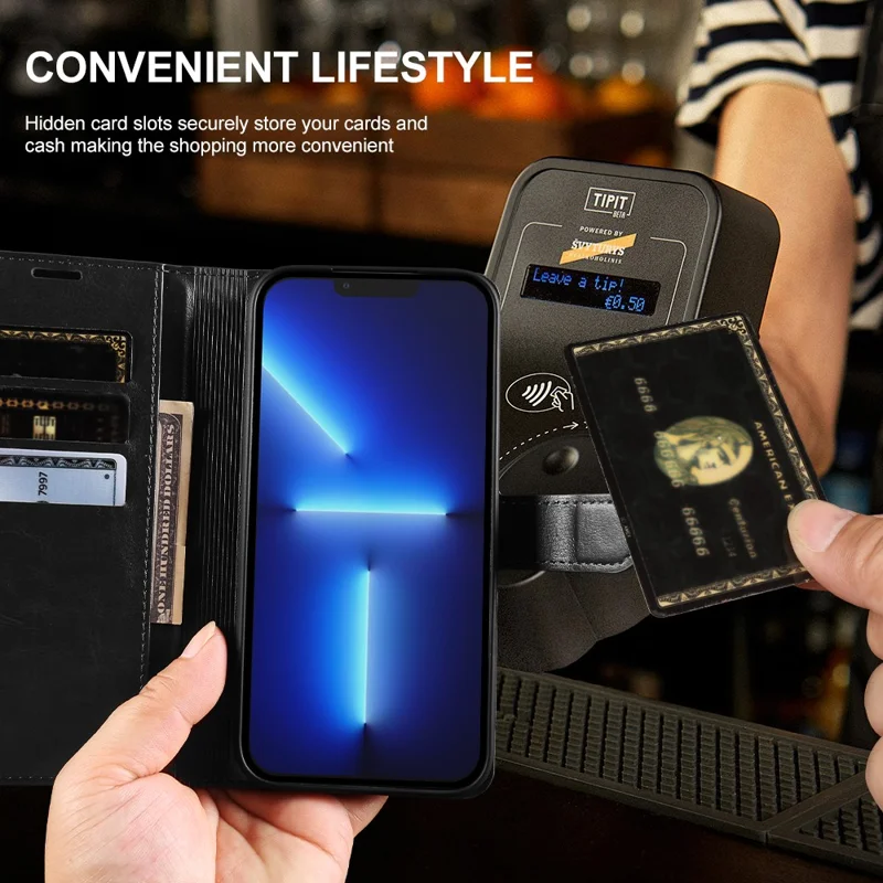 Чехол-книжка для iPhone 13 Pro Max с отделением для карт и магнитной застежкой из искусственной кожи Crazy Horse — черный