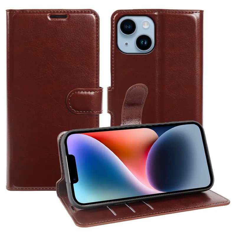 Étui portefeuille pour iPhone 14 Plus, housse à rabat en cuir texturé cheval fou avec fermeture magnétique - Marron
