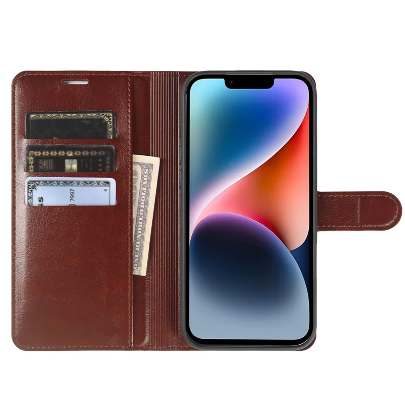 Étui portefeuille pour iPhone 14 Plus, housse à rabat en cuir texturé cheval fou avec fermeture magnétique - Marron