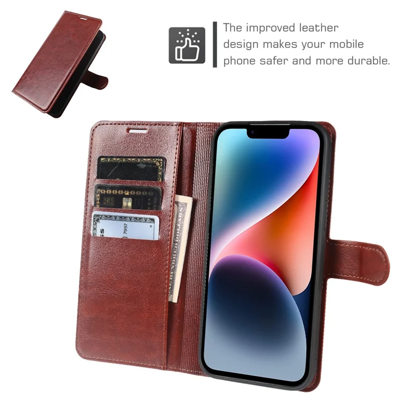Étui portefeuille pour iPhone 14 Plus, housse à rabat en cuir texturé cheval fou avec fermeture magnétique - Marron