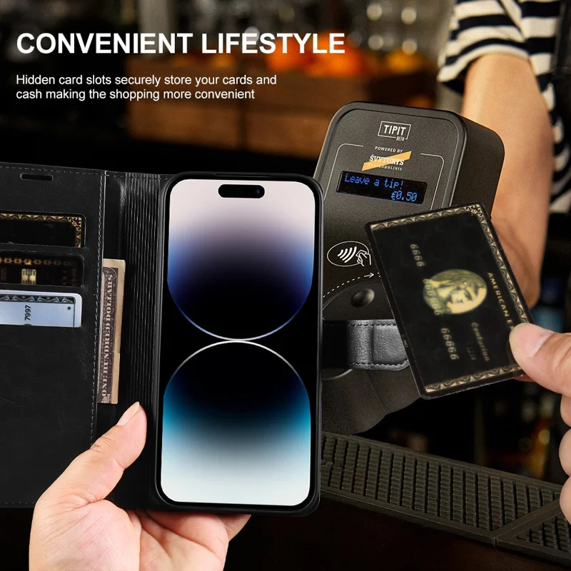 Cover per iPhone 14 Pro con Portafoglio in Pelle Effetto Cavallo Impazzito, Custodia a Libro con Chiusura Magnetica - Nero