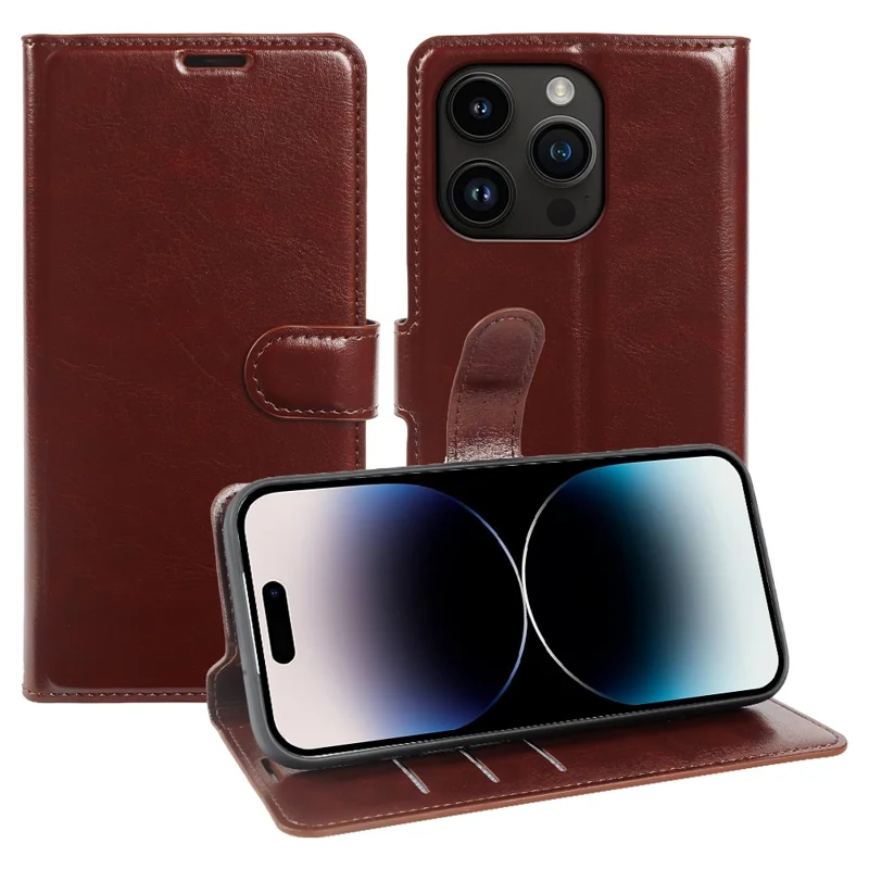 Étui portefeuille pour iPhone 14 Pro Max, housse à rabat en cuir texturé cheval sauvage avec fermeture magnétique - Marron
