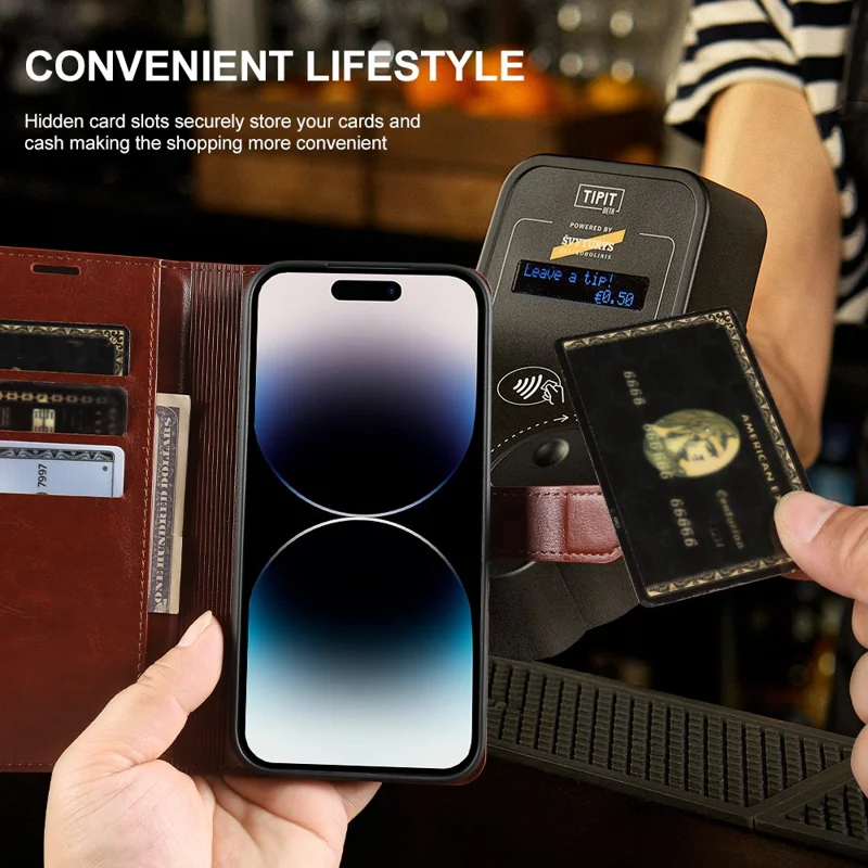 Étui portefeuille pour iPhone 14 Pro Max, housse à rabat en cuir texturé cheval sauvage avec fermeture magnétique - Marron