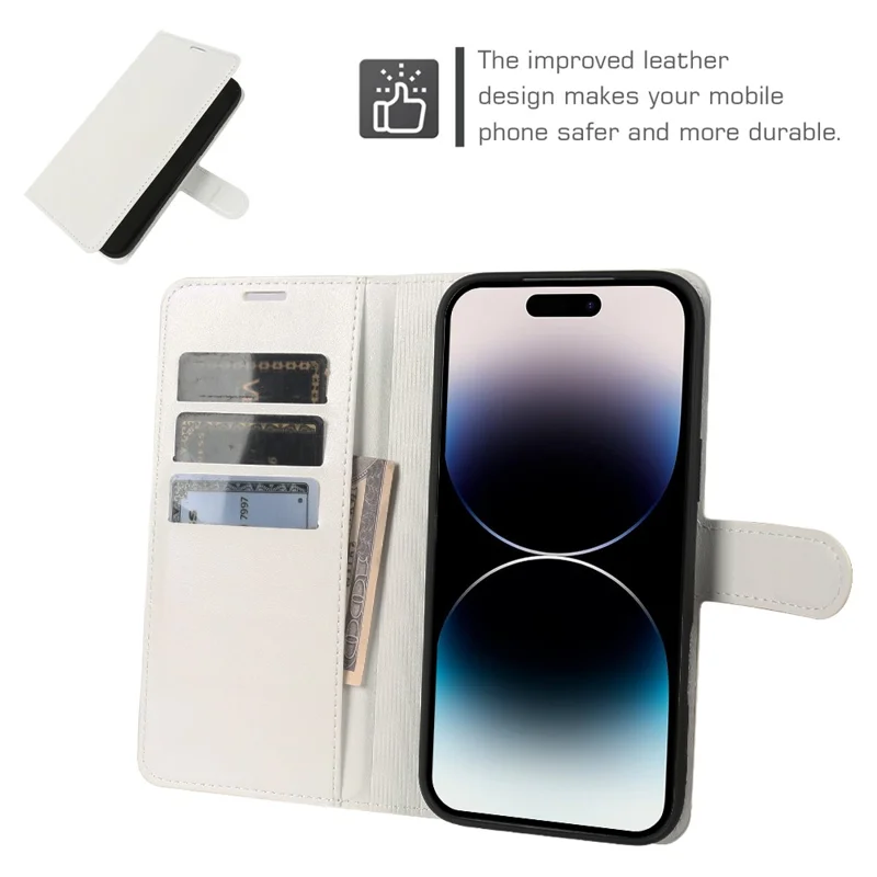 For iPhone 14 Pro Max Wallet Case Crazy Horse Texture Leather Flip Phone Cover with Magnetic Closure - White