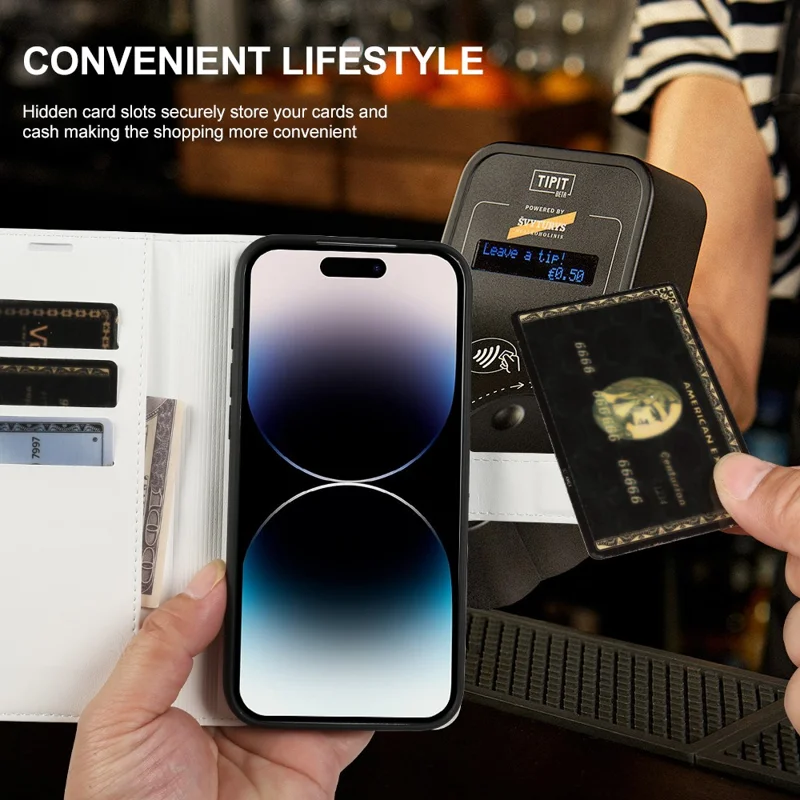 For iPhone 14 Pro Max Wallet Case Crazy Horse Texture Leather Flip Phone Cover with Magnetic Closure - White