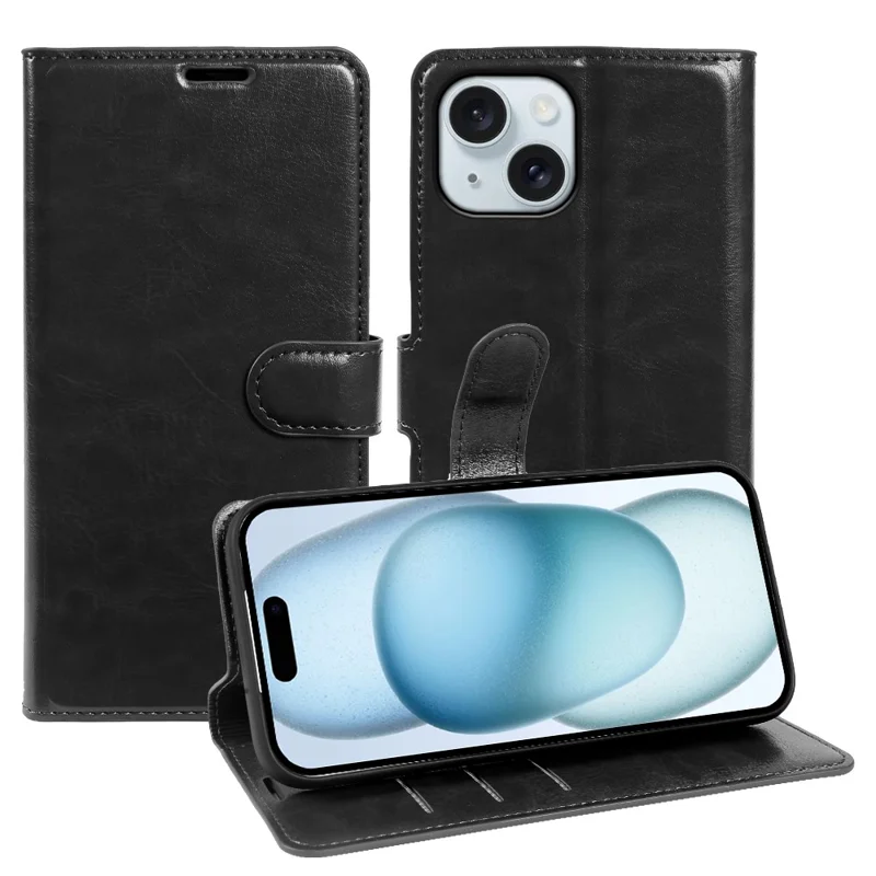 Coque portefeuille pour iPhone 15, étui à rabat en cuir texturé cheval fou avec fermeture magnétique - Noir
