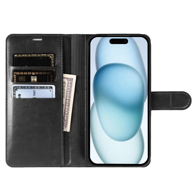 Coque portefeuille pour iPhone 15, étui à rabat en cuir texturé cheval fou avec fermeture magnétique - Noir