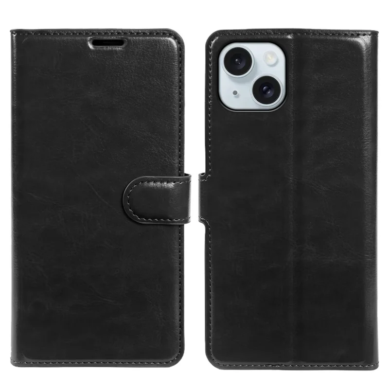 Coque portefeuille pour iPhone 15, étui à rabat en cuir texturé cheval fou avec fermeture magnétique - Noir