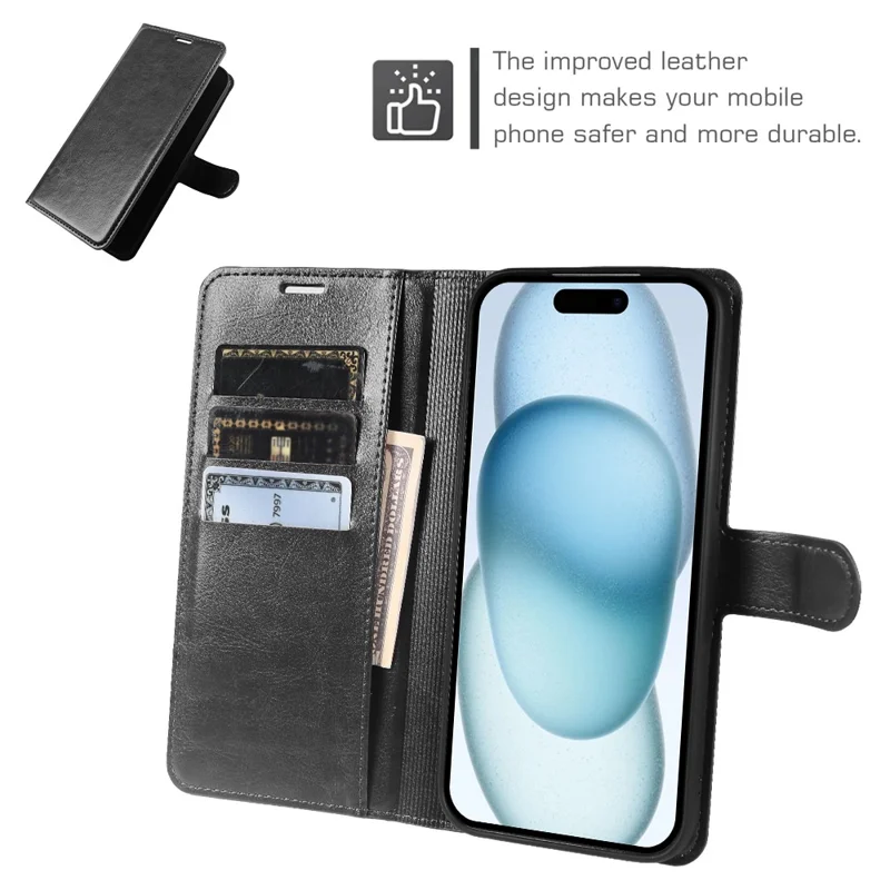 Coque portefeuille pour iPhone 15 Plus, housse à rabat en cuir texturé Crazy Horse avec fermeture magnétique - Noir