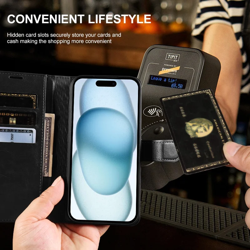 Coque portefeuille pour iPhone 15 Plus, housse à rabat en cuir texturé Crazy Horse avec fermeture magnétique - Noir