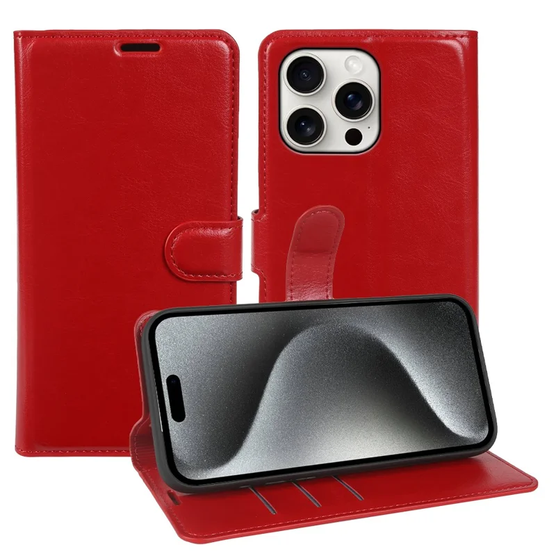 For iPhone 15 Pro Wallet Case Crazy Horse Texture Leather Flip Phone Cover with Magnetic Closure - Red