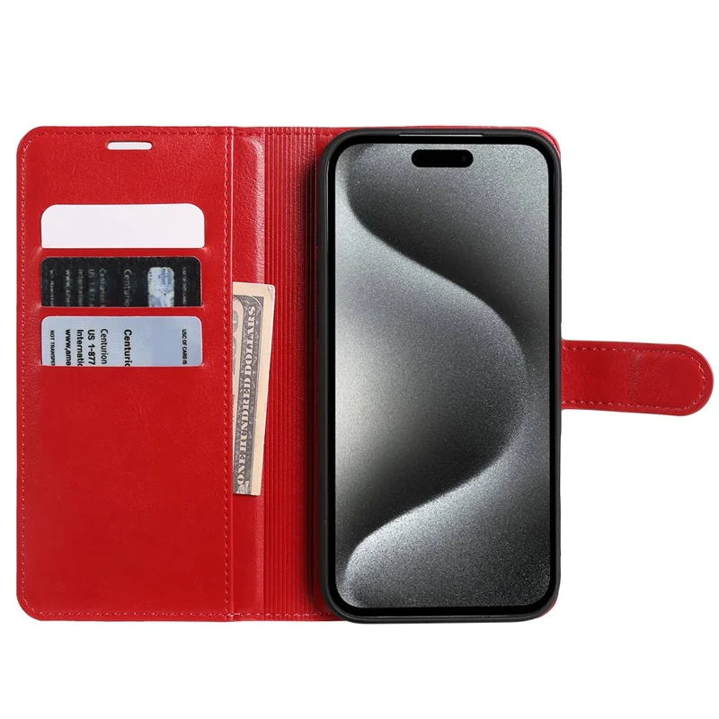 For iPhone 15 Pro Wallet Case Crazy Horse Texture Leather Flip Phone Cover with Magnetic Closure - Red