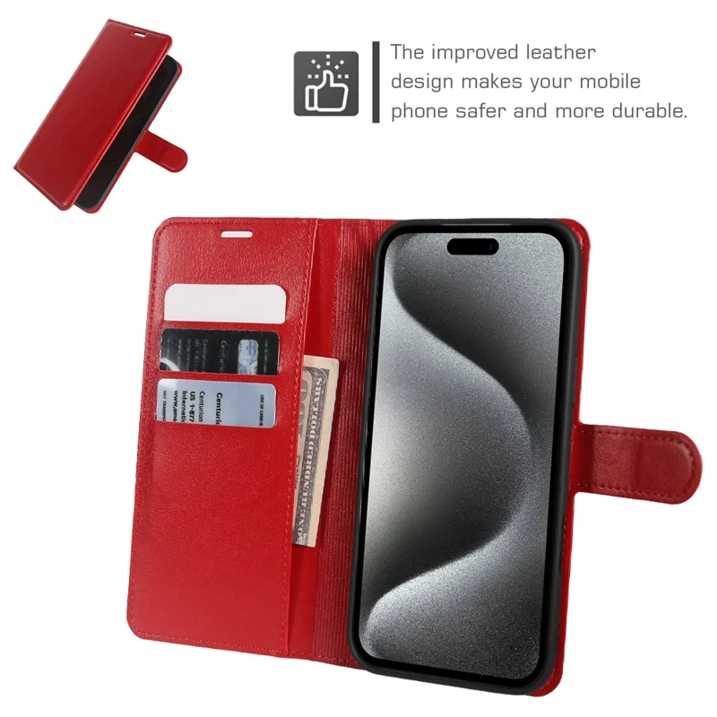 For iPhone 15 Pro Wallet Case Crazy Horse Texture Leather Flip Phone Cover with Magnetic Closure - Red