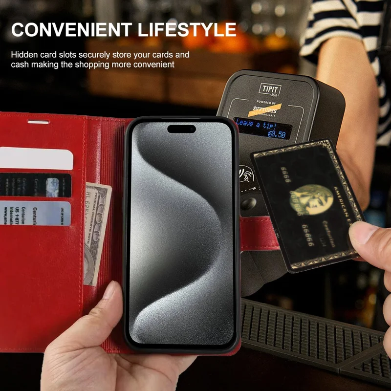 For iPhone 15 Pro Wallet Case Crazy Horse Texture Leather Flip Phone Cover with Magnetic Closure - Red