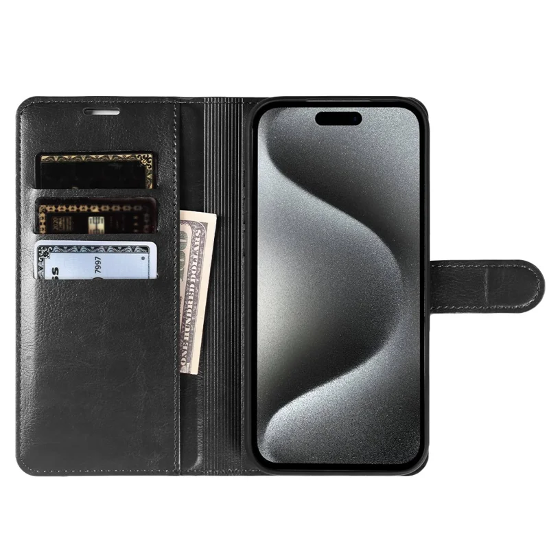Funda tipo cartera para iPhone 15 Pro Max con tapa de cuero texturizado Crazy Horse, cierre magnético - Negro