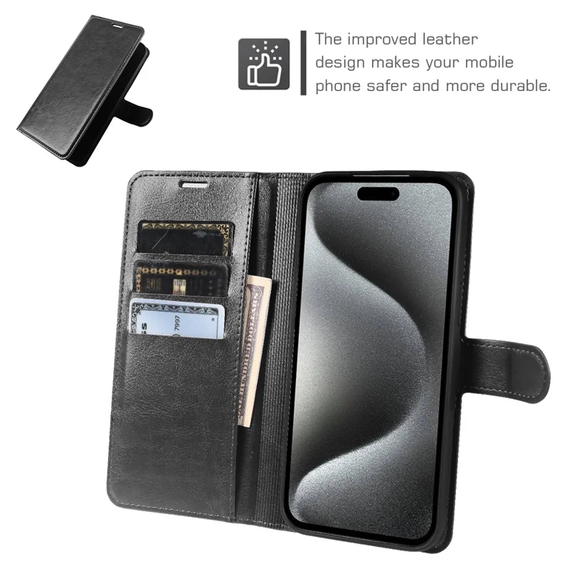 Funda tipo cartera para iPhone 15 Pro Max con tapa de cuero texturizado Crazy Horse, cierre magnético - Negro