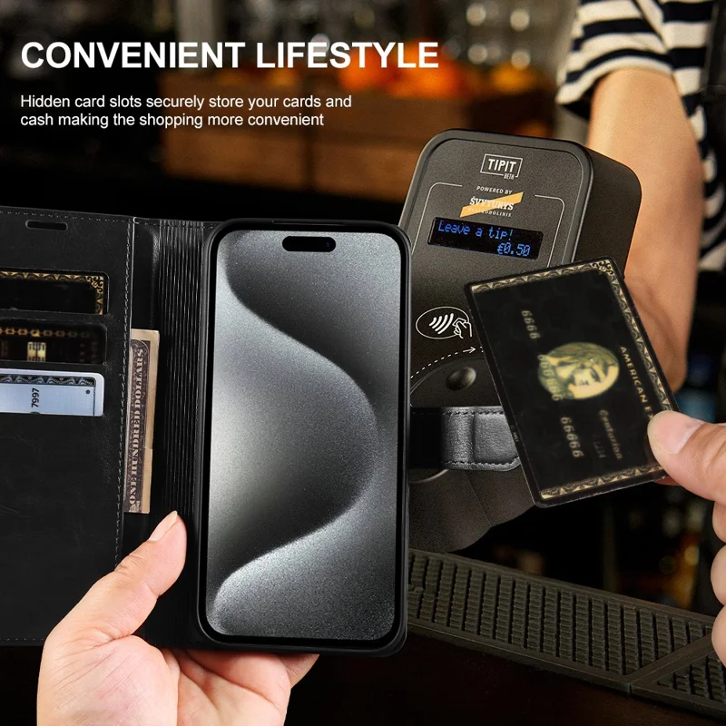 Funda tipo cartera para iPhone 15 Pro Max con tapa de cuero texturizado Crazy Horse, cierre magnético - Negro