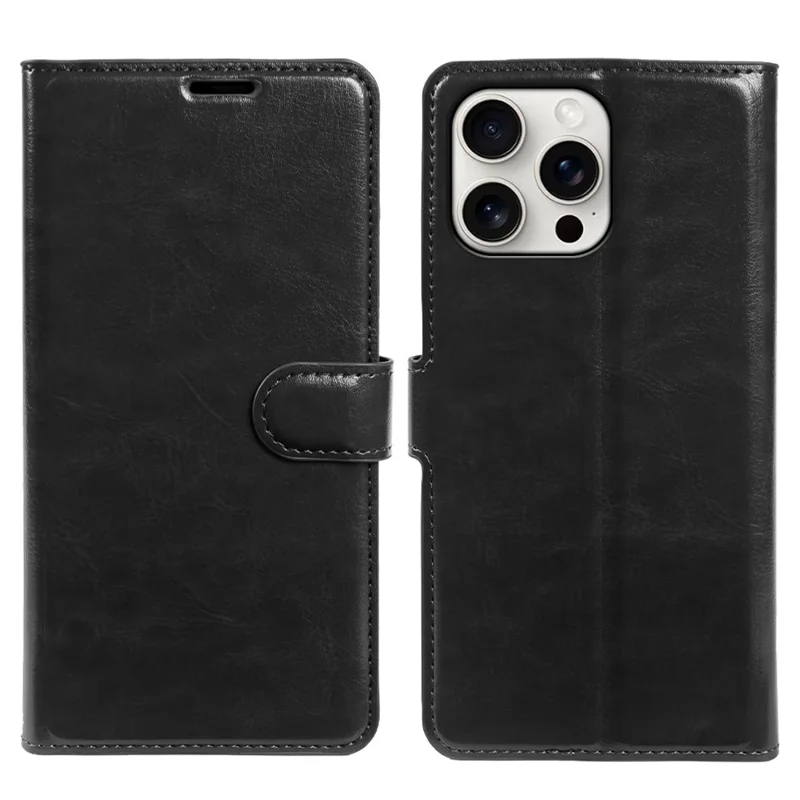 Funda tipo cartera para iPhone 15 Pro Max con tapa de cuero texturizado Crazy Horse, cierre magnético - Negro