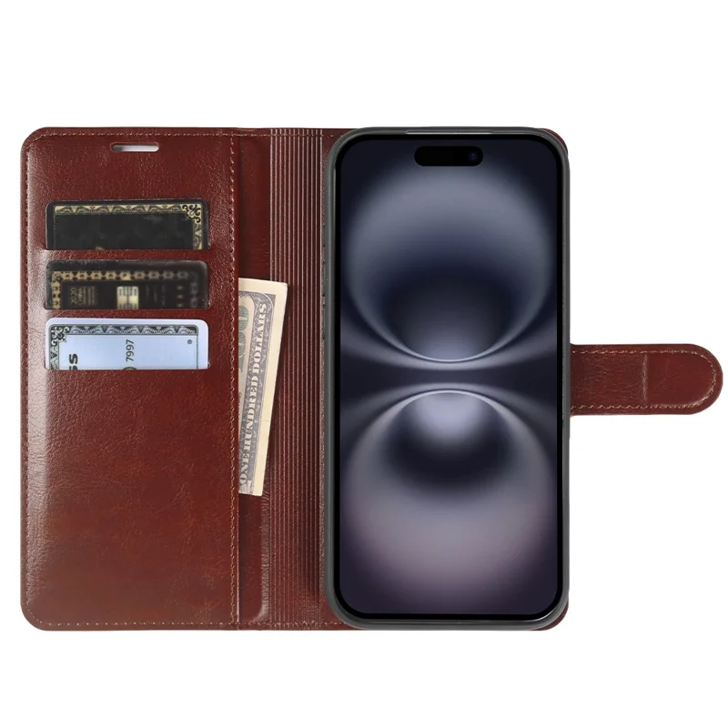 Flip-Handytasche für iPhone 16 mit Geldbörse, Crazy-Horse-Leder-Optik, magnetischer Verschluss – Braun