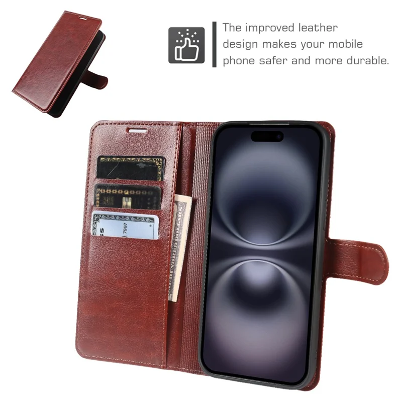 Flip-Handytasche für iPhone 16 mit Geldbörse, Crazy-Horse-Leder-Optik, magnetischer Verschluss – Braun