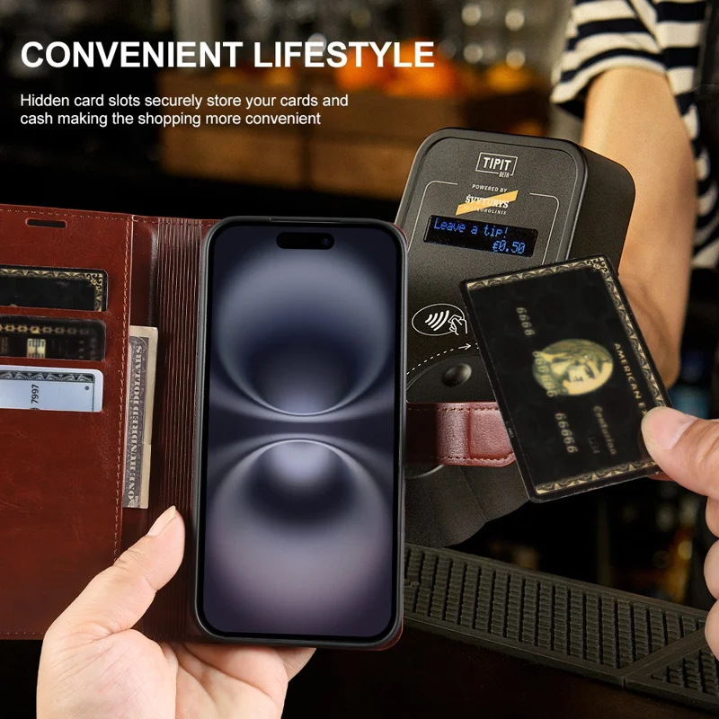 Flip-Handytasche für iPhone 16 mit Geldbörse, Crazy-Horse-Leder-Optik, magnetischer Verschluss – Braun