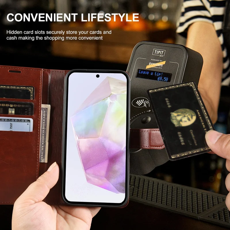For Samsung Galaxy A35 5G Wallet Case Crazy Horse Texture Leather Flip Phone Cover with Magnetic Closure - Brown