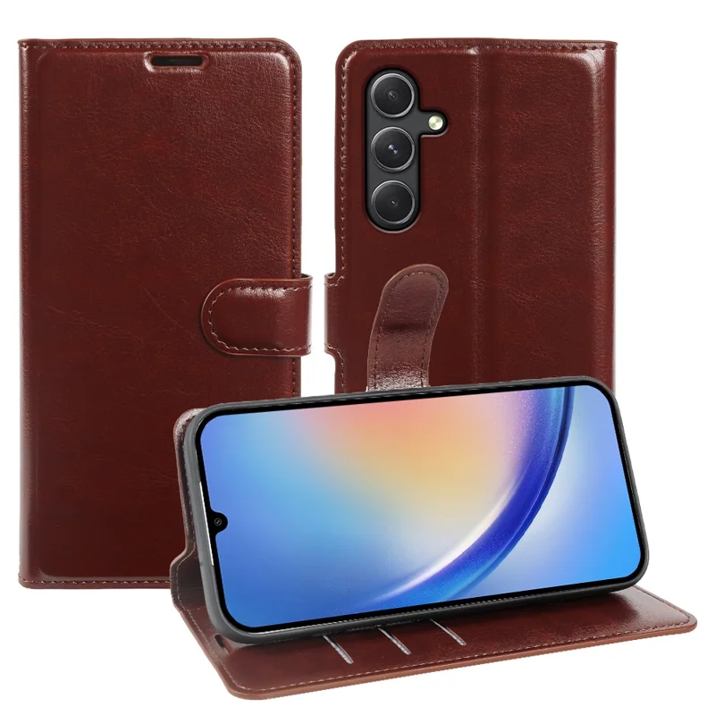 For Samsung Galaxy A34 5G Wallet Case Crazy Horse Texture Leather Flip Phone Cover with Magnetic Closure - Brown
