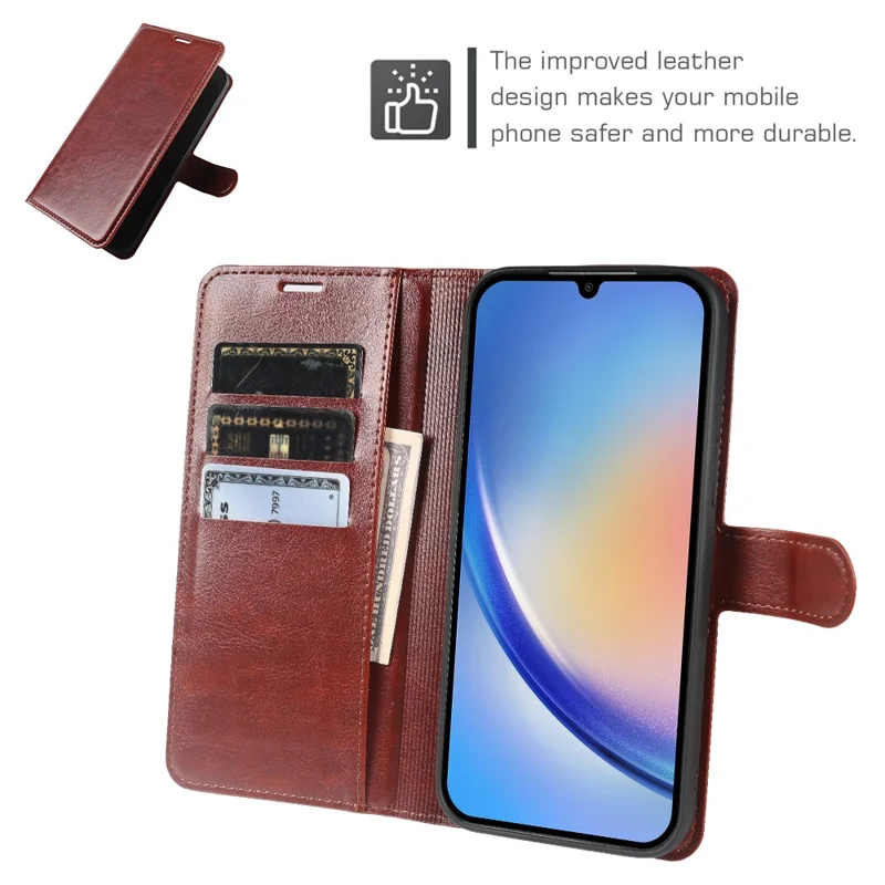 For Samsung Galaxy A34 5G Wallet Case Crazy Horse Texture Leather Flip Phone Cover with Magnetic Closure - Brown