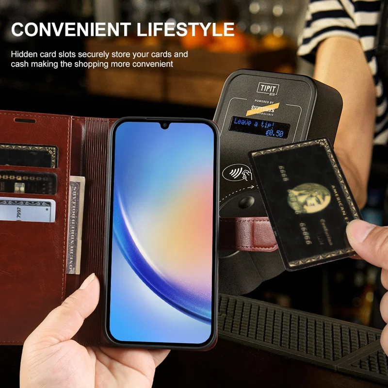 For Samsung Galaxy A34 5G Wallet Case Crazy Horse Texture Leather Flip Phone Cover with Magnetic Closure - Brown