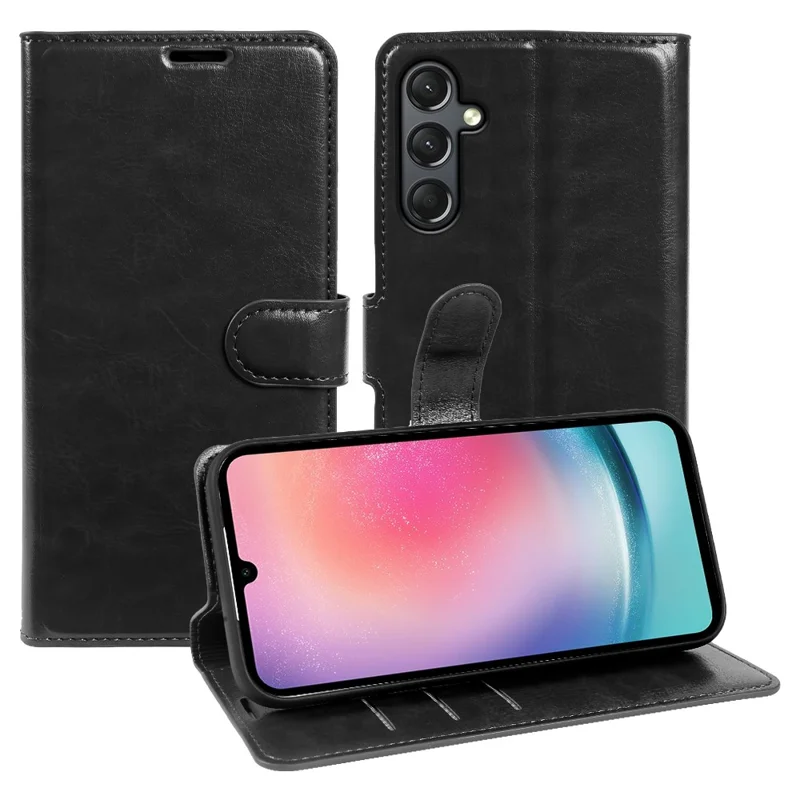 For Samsung Galaxy A24 5G Wallet Case Crazy Horse Texture Leather Flip Phone Cover with Magnetic Closure - Black