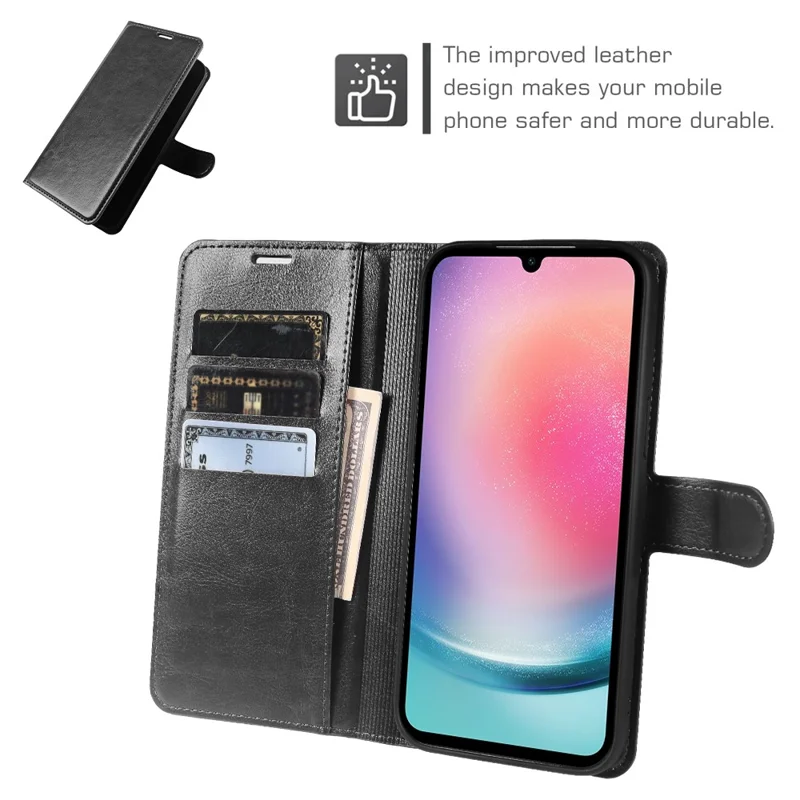 For Samsung Galaxy A24 5G Wallet Case Crazy Horse Texture Leather Flip Phone Cover with Magnetic Closure - Black