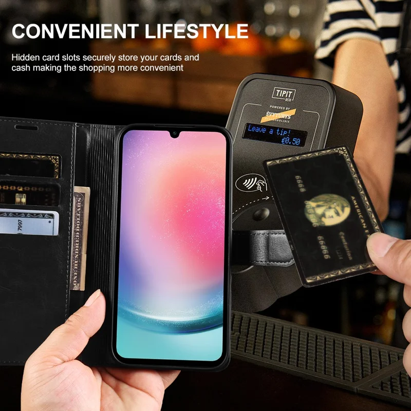 For Samsung Galaxy A24 5G Wallet Case Crazy Horse Texture Leather Flip Phone Cover with Magnetic Closure - Black