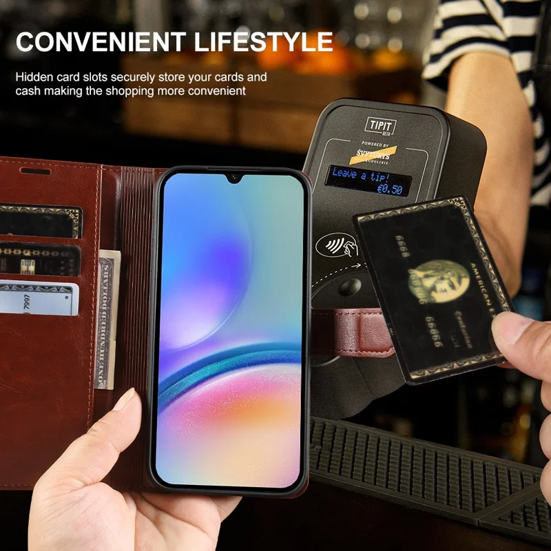For Samsung Galaxy A05s 4G Wallet Case Crazy Horse Texture Leather Flip Phone Cover with Magnetic Closure - Brown