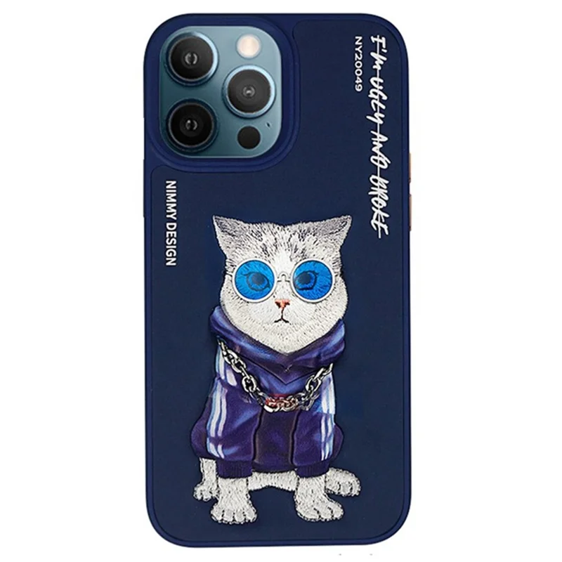 NIMMY Glasses Pet Series for iPhone 14 Pro Embroidery PU Leather+PC+TPU Case Anti-Drop Phone Cover - Blue Coat Cat