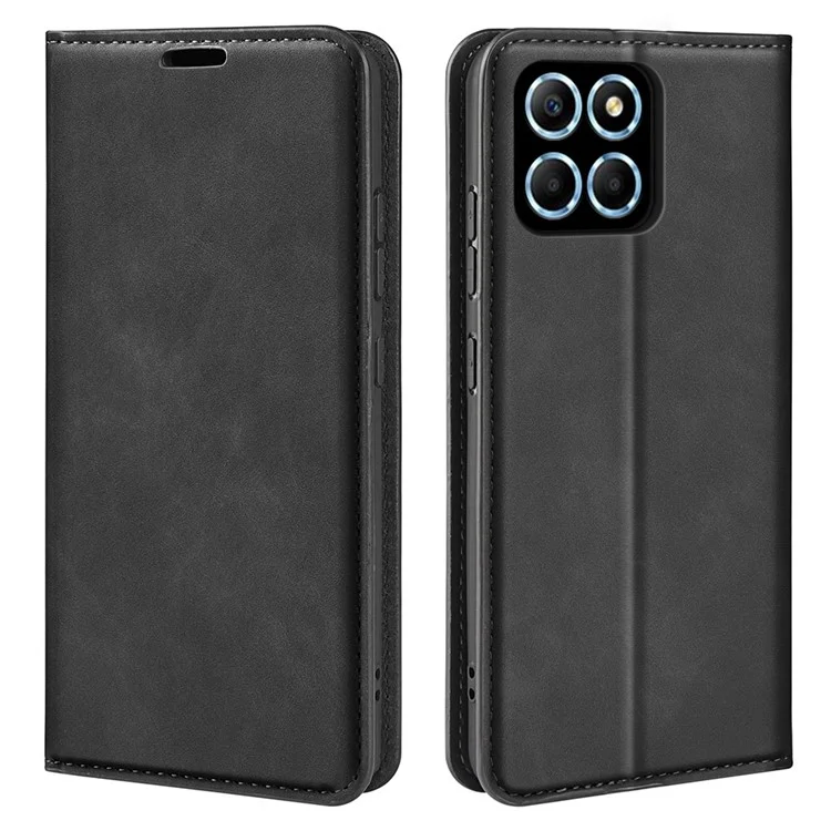 For Honor X8 5G Skin-touch Feeling Magnetic Auto-absorbed Phone Stand Case PU Leather Folio Flip Wallet Cover - Schwarz