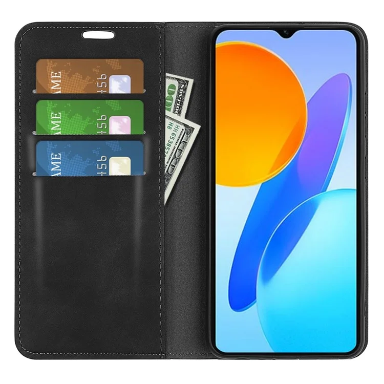 For Honor X8 5G Skin-touch Feeling Magnetic Auto-absorbed Phone Stand Case PU Leather Folio Flip Wallet Cover - Schwarz