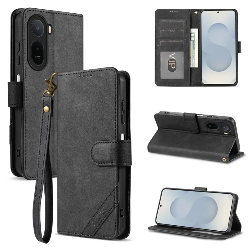 AZNS A2 for Xiaomi Poco C85x 5G / Redmi A7 Pro 4G Leather Case with Wrist Strap RFID Blocking Wallet Stand Phone Cover - Black