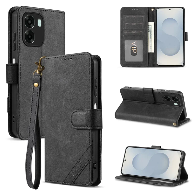 AZNS A2 Leather Case for Oppo A6 5G / A6 4G / A6x 4G / A6x 5G RFID Blocking Wallet Stand Phone Cover with Wrist Strap - Black