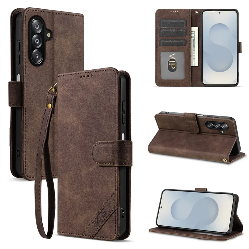 AZNS A2 for Samsung Galaxy A27 Leather Case with Wrist Strap RFID Blocking Wallet Stand Phone Cover - Brown