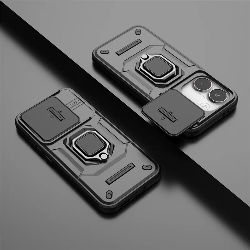 For Xiaomi Poco X8 Pro 5G  /  Redmi Turbo 5 5G Case PC + TPU Kickstand Phone Protector with Lens Cover - Black