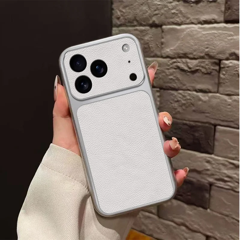 For iPhone 17 Pro Max Case PU Leather Texture Shockproof TPU Protective Phone Cover - White