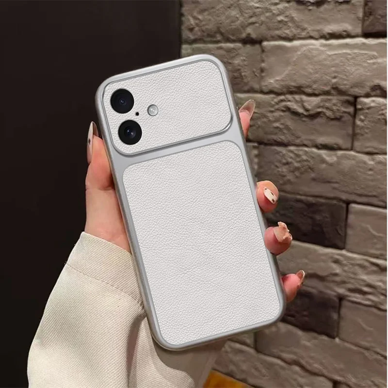 For iPhone 16 Case PU Leather Texture Shockproof TPU Protective Phone Cover - White